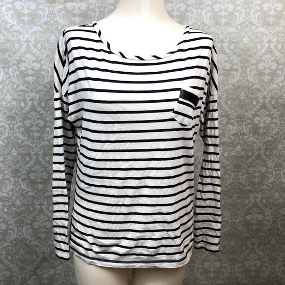 2/$30 LOFT Medium Womens White Black Striped Embellished Pocket Long Sleeve Tee - Picture 1 of 8